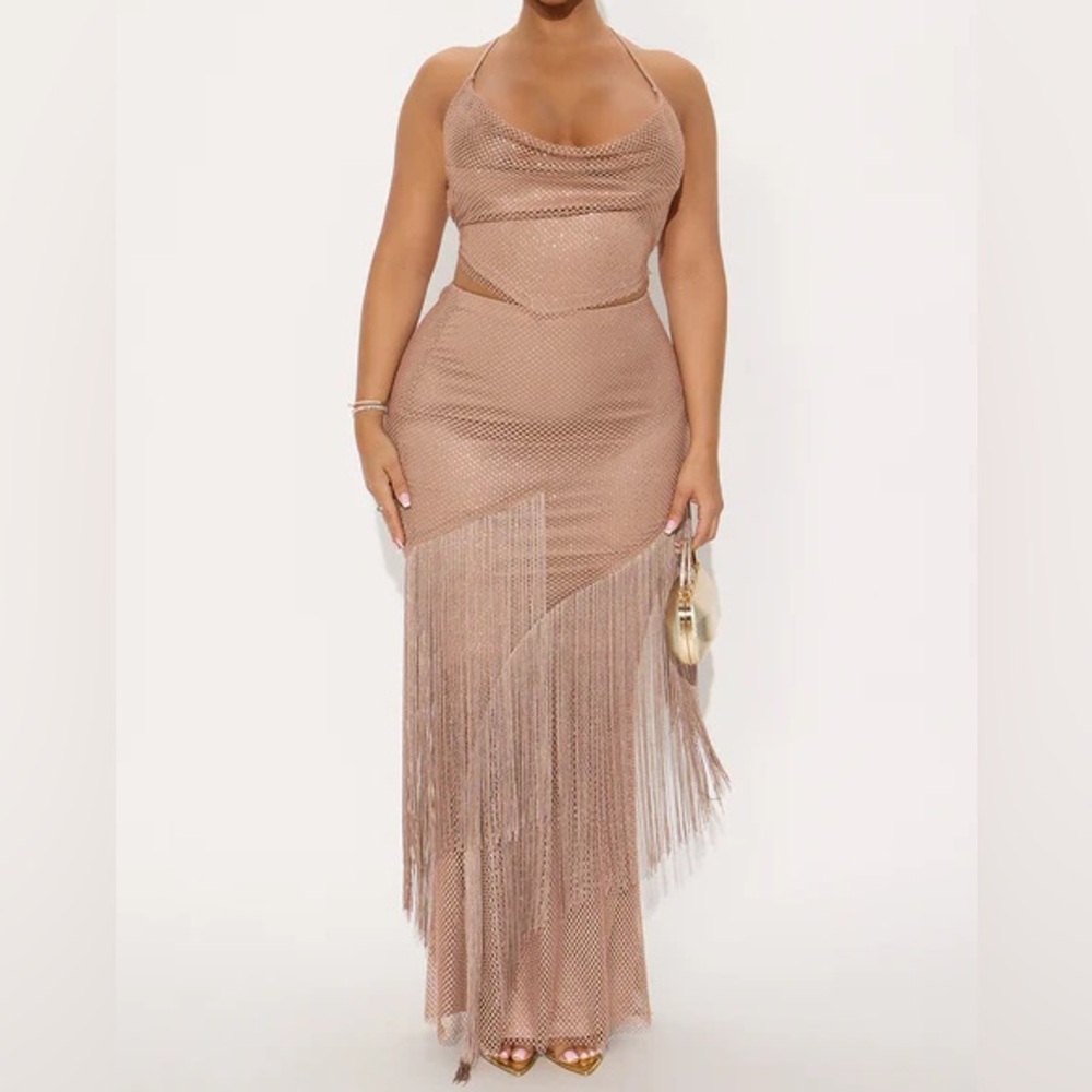 NEW Elegant Tan Fringe Skirt Set